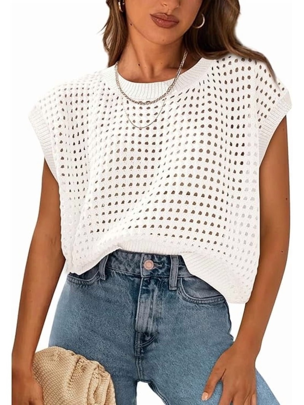 Open-Weave White Crochet Sleeveless Knit Top